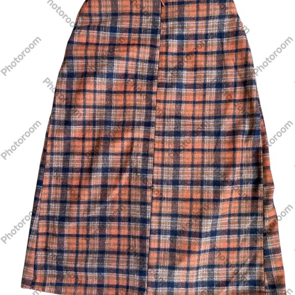 Very J NWT Small Orange & Blue Plaid Faux Wrap Midi Zip Skirt - Picture 5 of 6